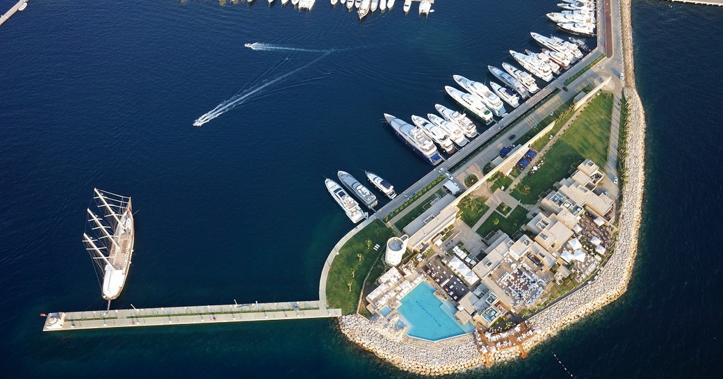 A drone photograph of PALMARINA, Bodrum. Yachts can be seen berthed. 