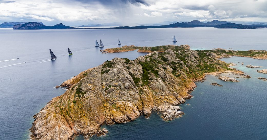 Aerial view of yachts racing around La Maddalena archipelago in Sardinia