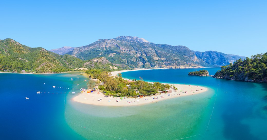 Aerial view of blue lagoon and pebble beach in Oludeniz, Fethiye 