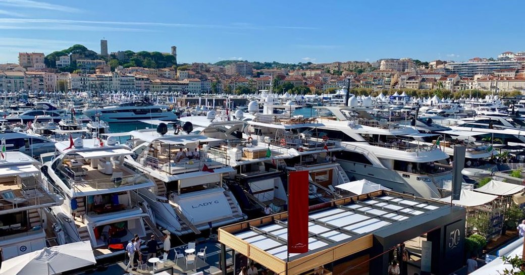 Marina of Cannes during Yachting Festival 2019, aerial view of yachts in harbour