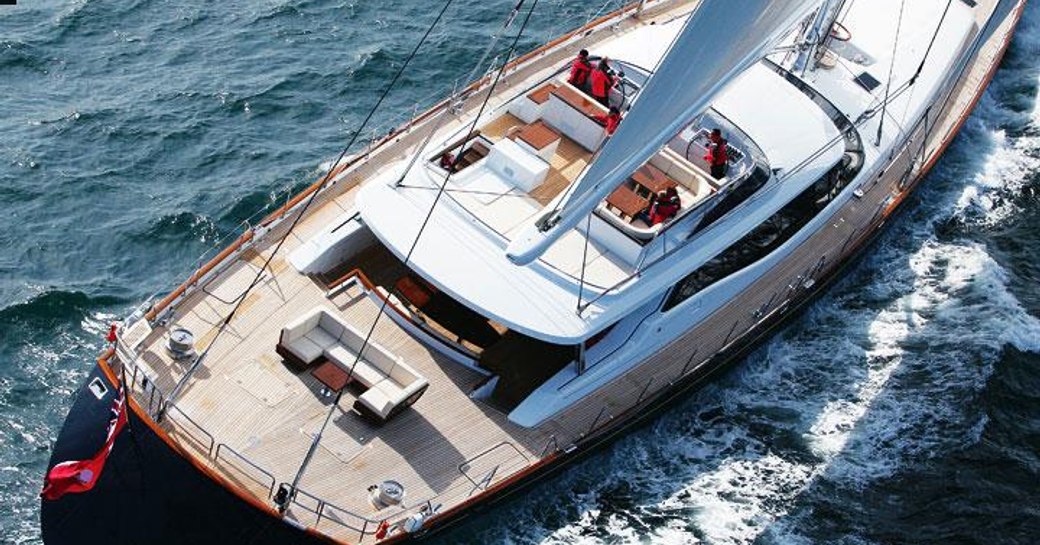 Aerial View of the aft deck onboard charter S/Y PRANA, surrounded by sea.