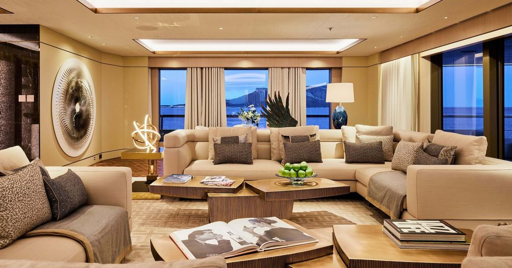 Cream colored interiors onboard charter yacht RENAISSANCE