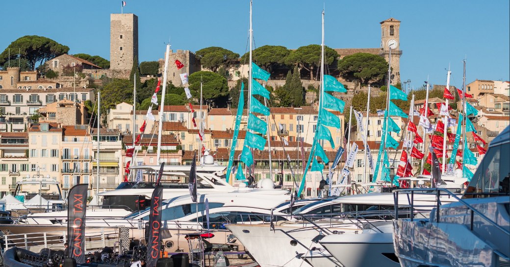 boats lined up in the Old Port for the Cannes Yachting Festival