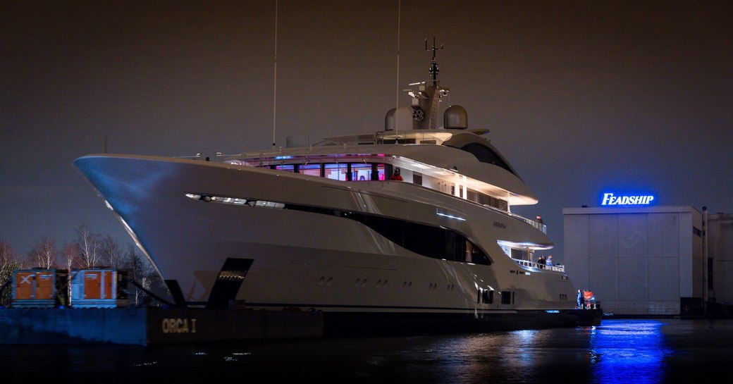 superyacht arrow leaving feadship facilities