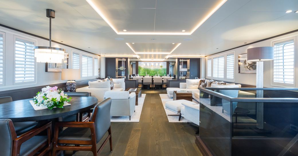 Overview of the main salon onboard superyacht charter EMERALD