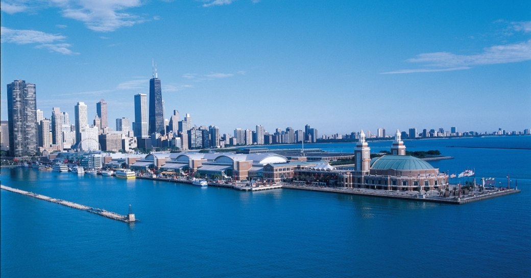 Navy Pier on Lake Michigan on a beautiful day in Chigaco