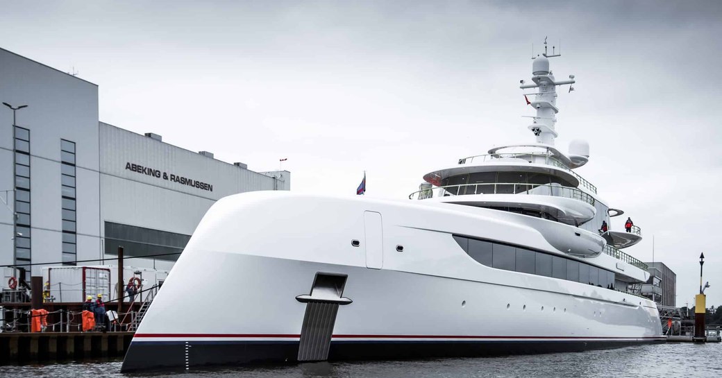 Superyacht EXCELLENCE in front of Abeking and Rasmussen yard