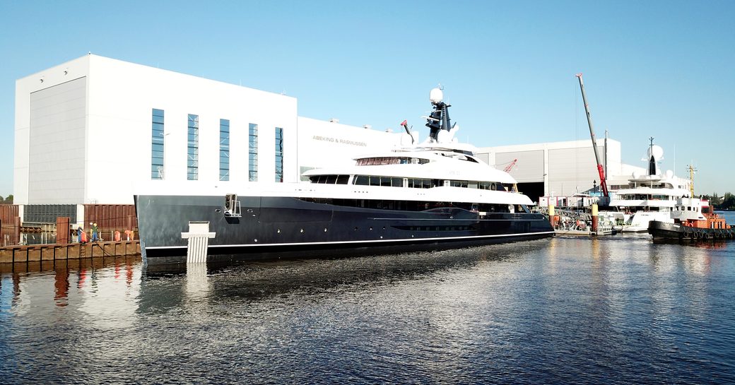 Superyacht ELANDESS at-anchor outside Abeking & Rasmussen