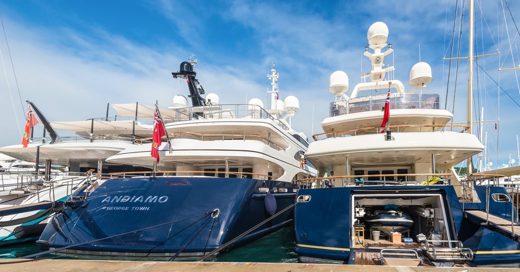 Superyachts berthed in English Harbor, Antigua