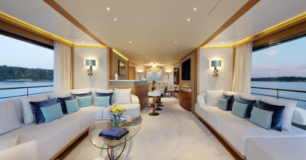 oak panelled main salon aboard charter yacht SOLIS 