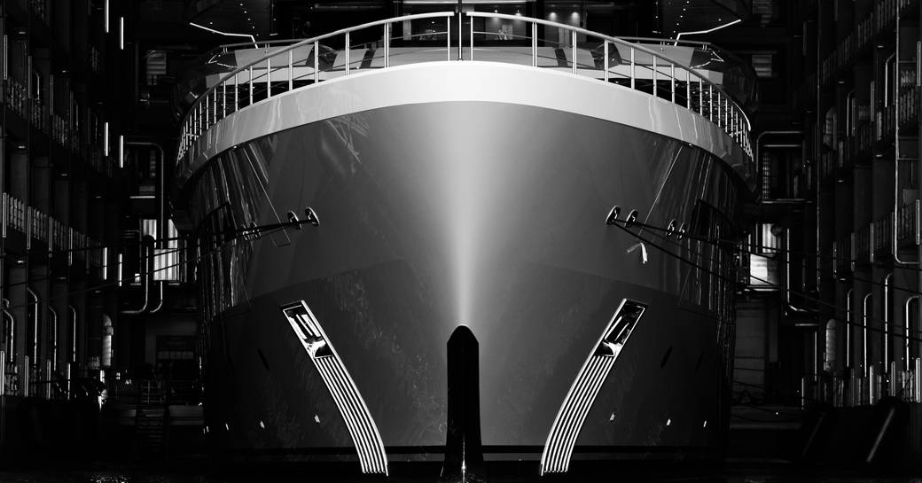 Superyacht LEVIATHAN bow view in construction shed