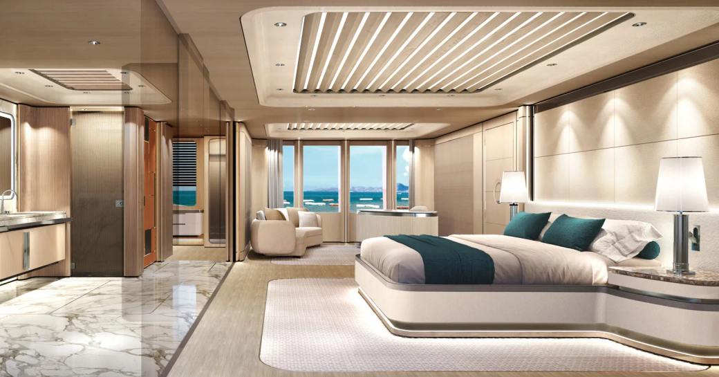 Master cabin rendering with central berth and large windows with seating area onboard superyacht charter O'MADELEINE