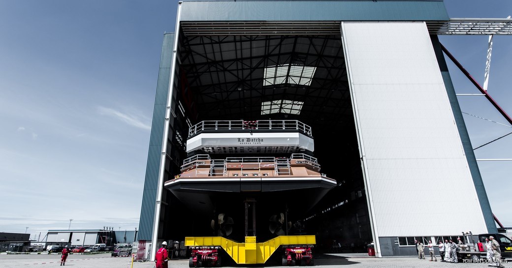 la datcha superyacht rolls out of shed