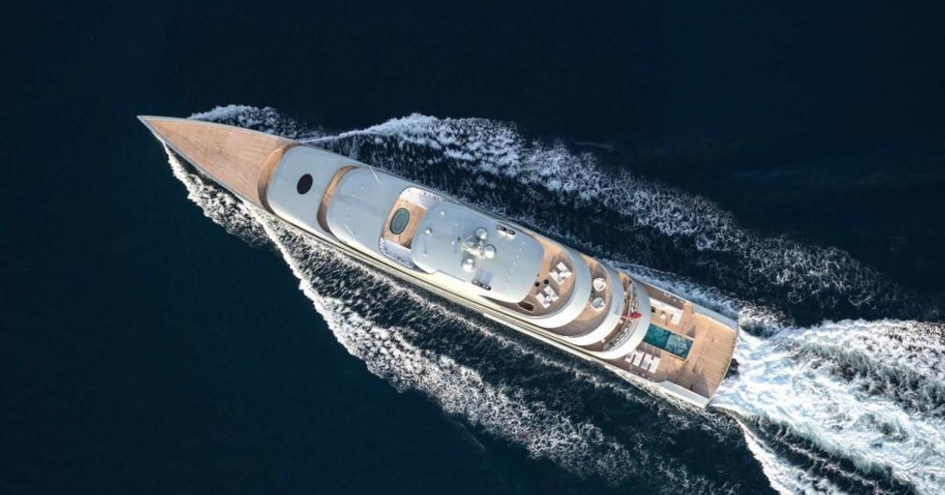 An aerial photograph of superyacht SAVANNAH