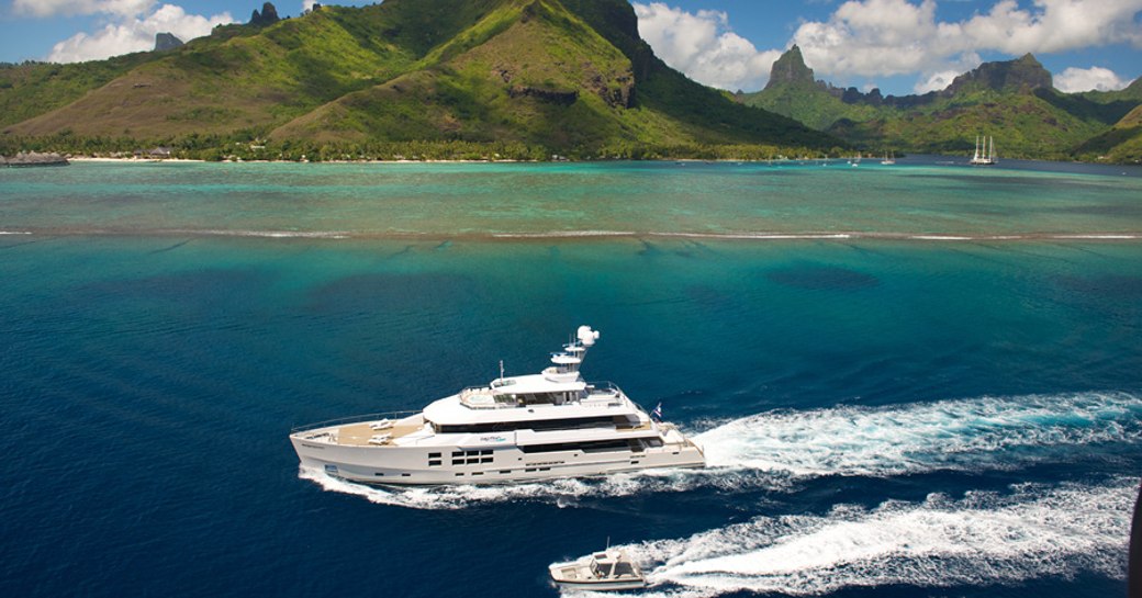 big fish superyacht underway in tahiti