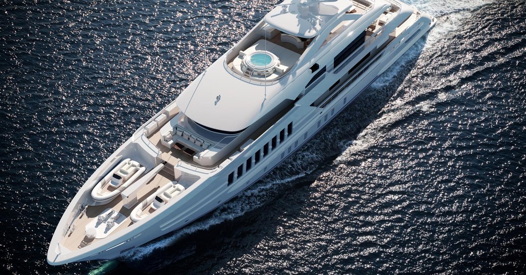 luxury yacht moskito aerial view, with sundeck jacuzzi and tender storage on foredeck