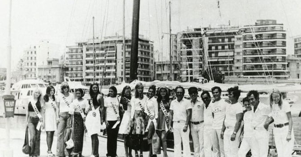 Miss Universe on yacht in marina in Greece