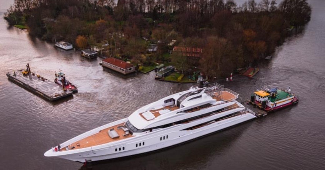 superyacht galina being towed after launch