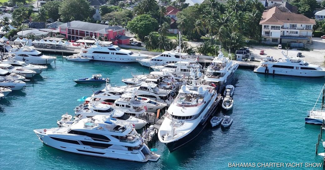 Bahamas Charter Yacht Show aerial view of motor yacht charters berthed
