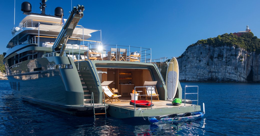 Charter yacht MOKA aft with beach club