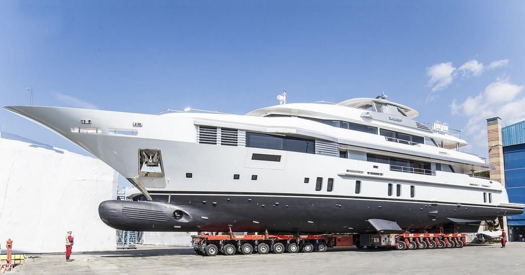 superyacht ELALDREA+ is transported to the water ahead of her launch