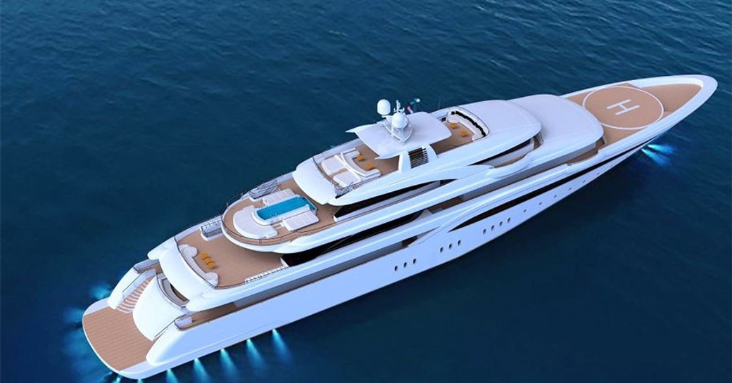 A graphic illustration of a superyacht as seen from above, with lights comes from beneath it