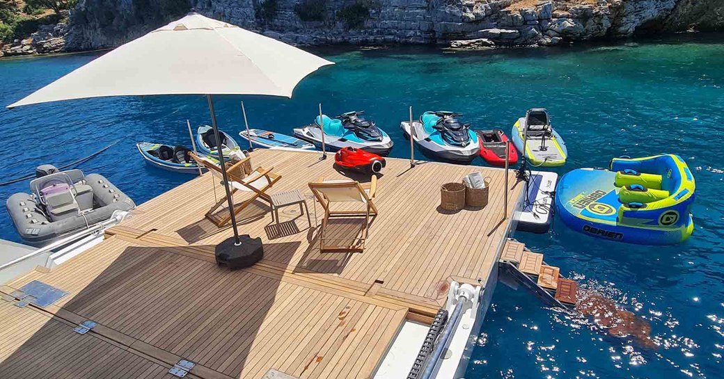 Swim platform and selection of water toys onboard sailing yacht charter NORTH WIND