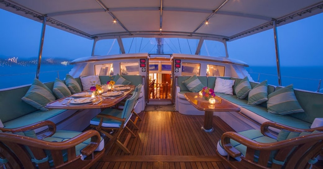 cockpit of luxury yacht Whisper at dusk