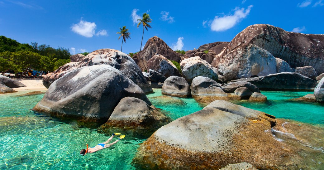 Boulder beach in the Virgin Islands, with crystal-clear seas and palm trees in background