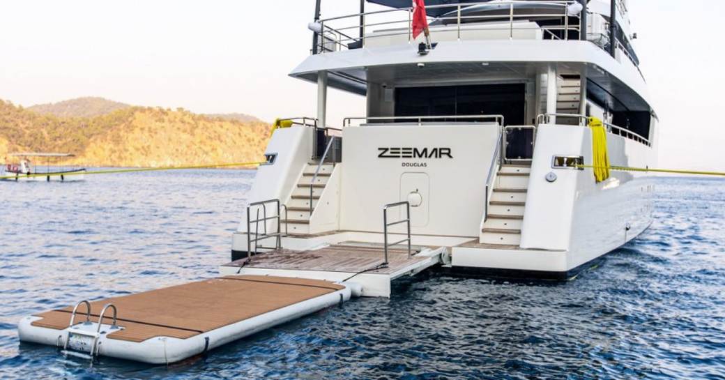 Extended platform deployed aft of charter yacht ZEEMAR