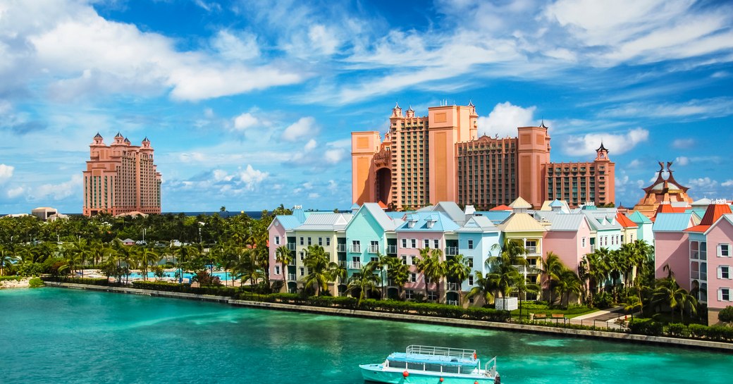 Atlantis Paradise Hotel in the Bahamas, with coloured houses along the waterfront