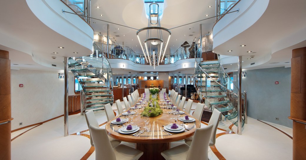 expansive dining room onboard luxury charter yacht SHERAKHAN