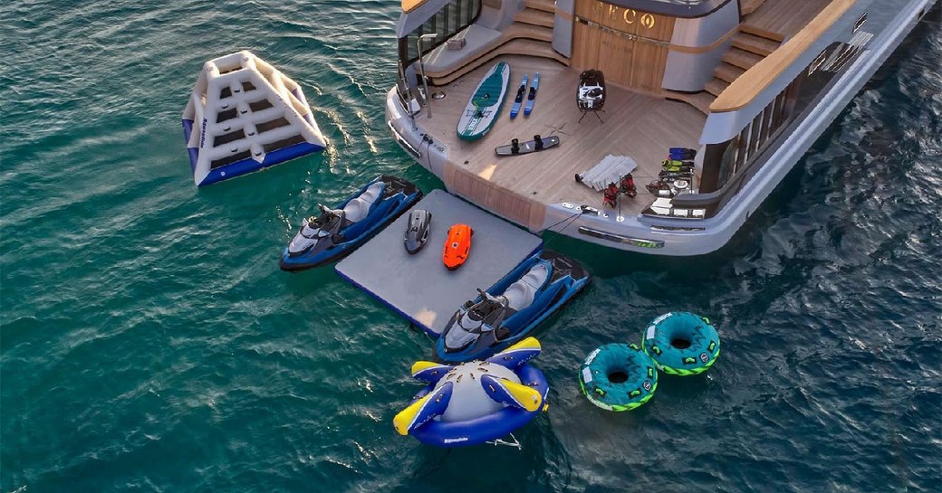 swim platform on superyacht geco, with toys laid out surrounding