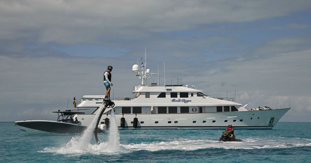 luxury yacht sweet escape toy locker, with fly boards and jet skis