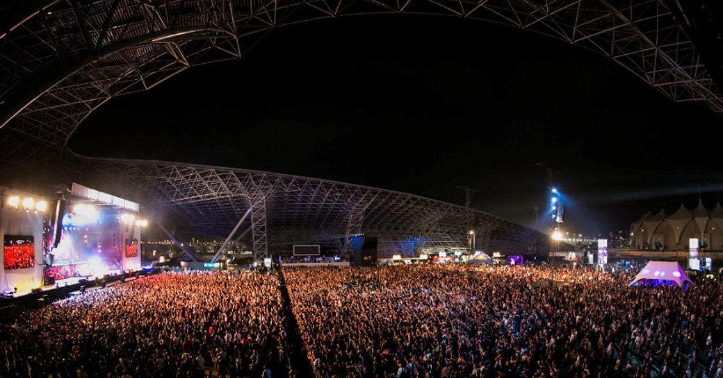 Aerial shot of crowds of people watching a concert at the F1 after-race entertainment at Du Arena, Abu Dhabi