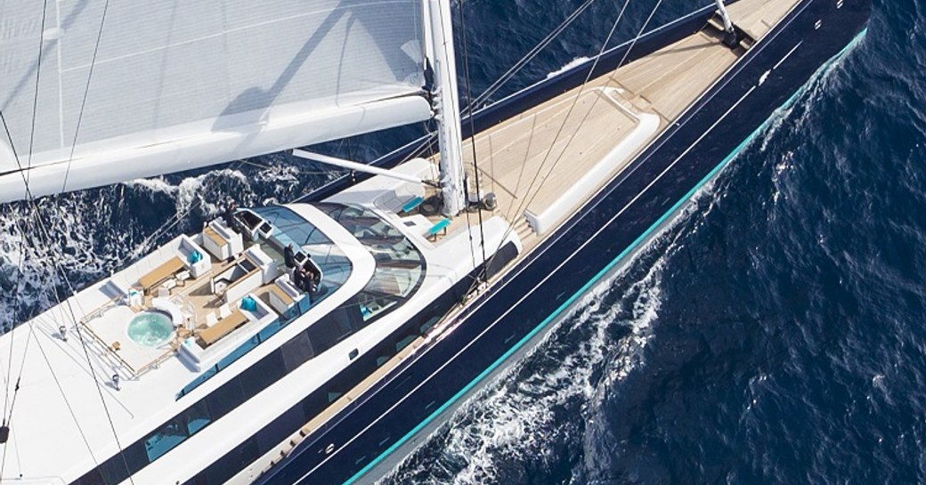 aerial shot of luxury sailing yacht aquijo underway