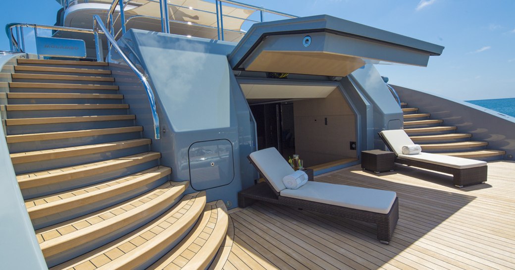 sun loungers on the swim platform of superyacht Mogambo