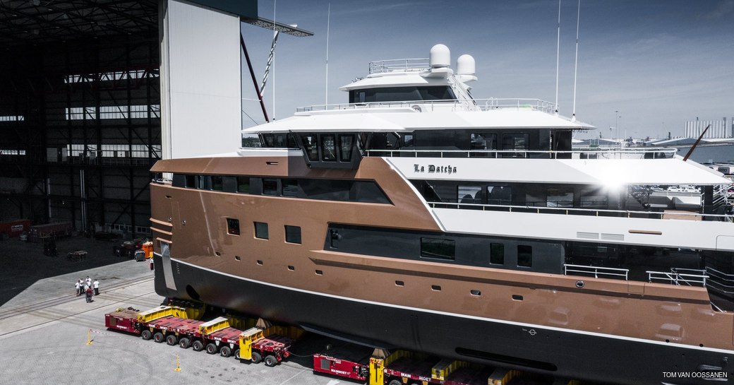 damen superyacht la datcha being rolled out of construction shed