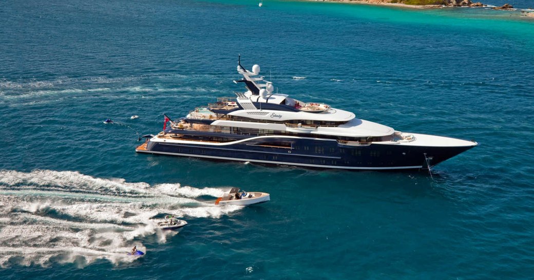 motor yacht SOLANDGE cruises on a luxury yacht charter alongside tenders and jet skis