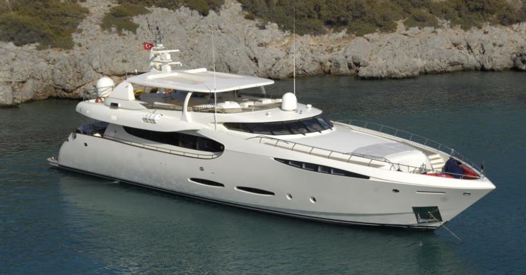 M/Y PHOENIX sits at anchor in the Mediterranean