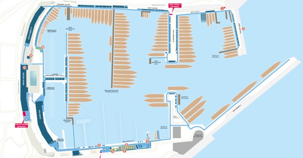 Map of layout of 2018 edition of Monaco Yacht Show 2018 in South of France