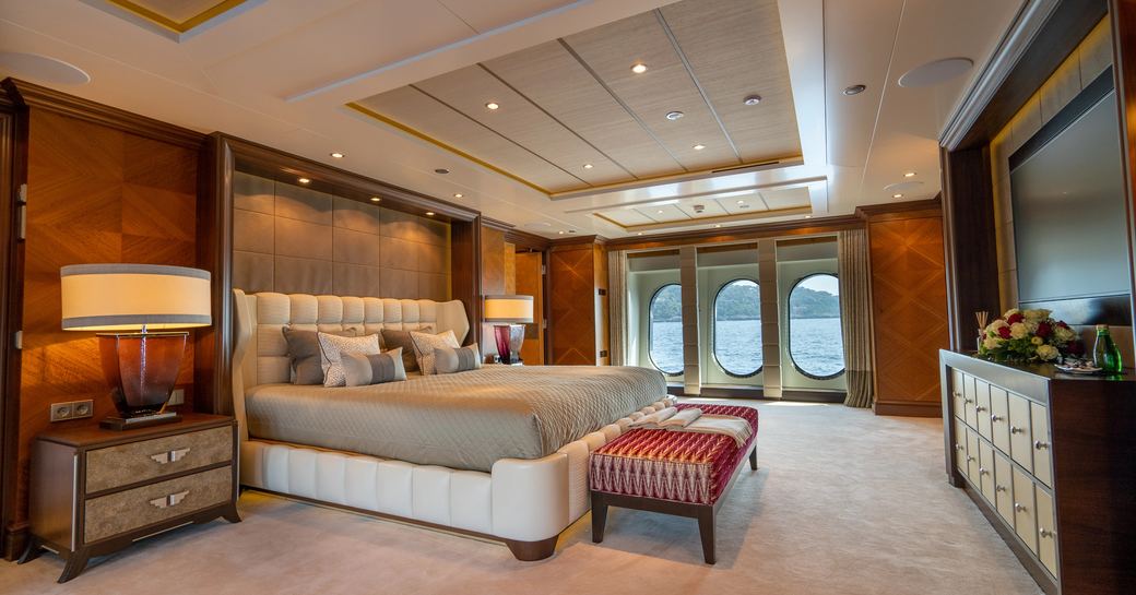 Master cabin onboard charter yacht KAISER, with central berth and ample floor space