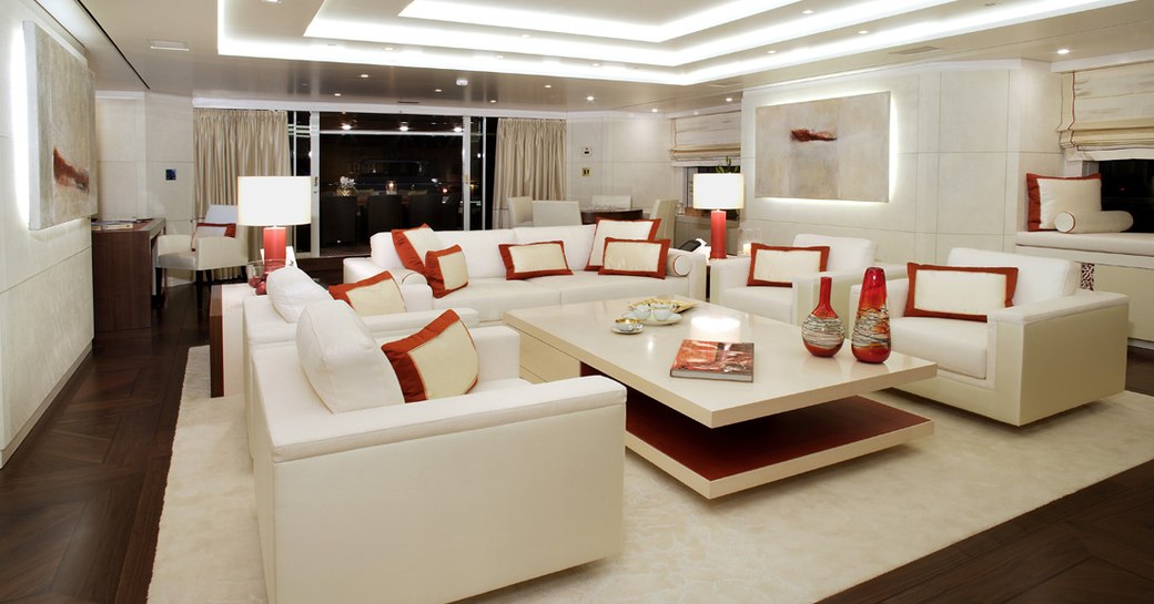 main salon aboard superyacht ROMA defined by its elegant simplicity