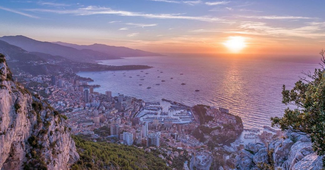 view of the Bay of Monaco as the sun sets during the Monaco Yacht Show 2018