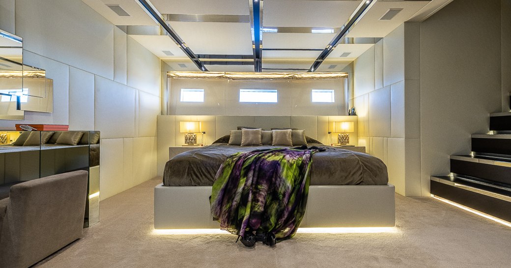 Large cabin with double bed and stairs visible on motor yacht Cinquanta 50