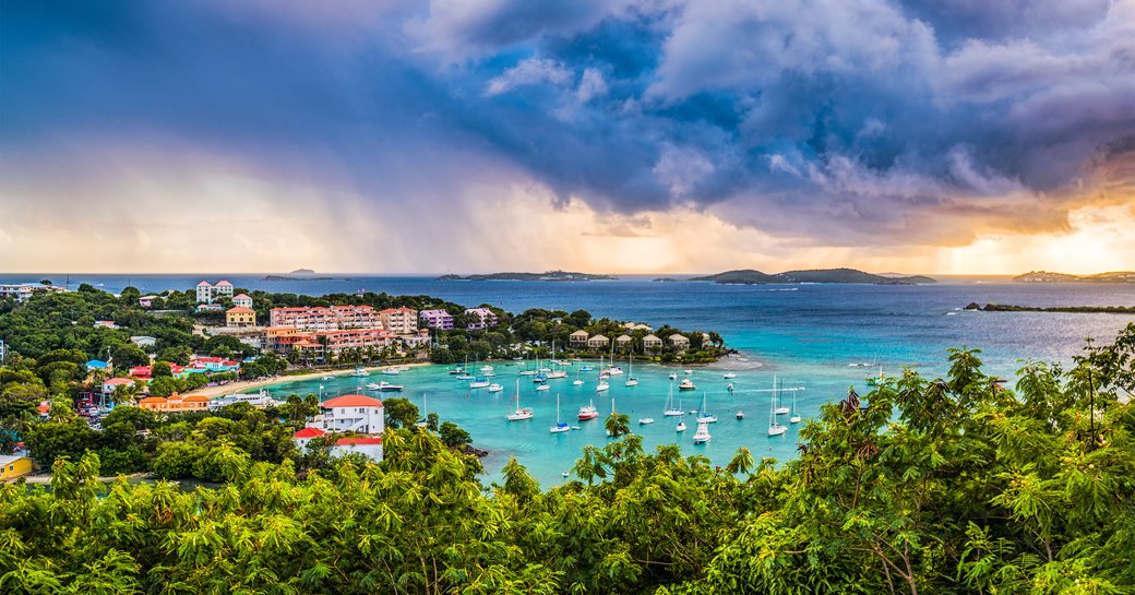 Cruz Bay St. Johns, U.S. Virgin Islands with storm clouds.