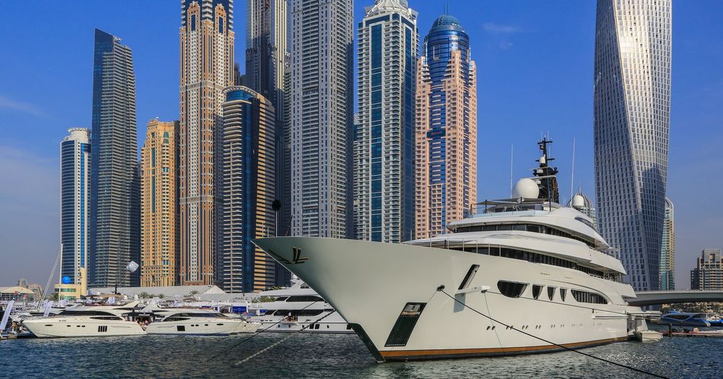 Superyacht charter berthed in Dubai Harbor