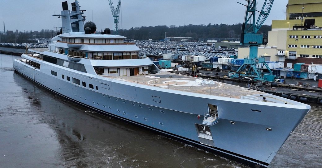 Superyacht DRAGONFLY berthed at construction facility