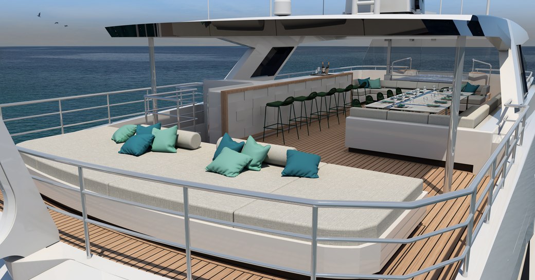 Sundeck on Explorer yacht EMOCEAN with sofa and bar area