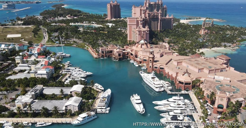 Overhead view looking down over the Atlantis Hotel and marina